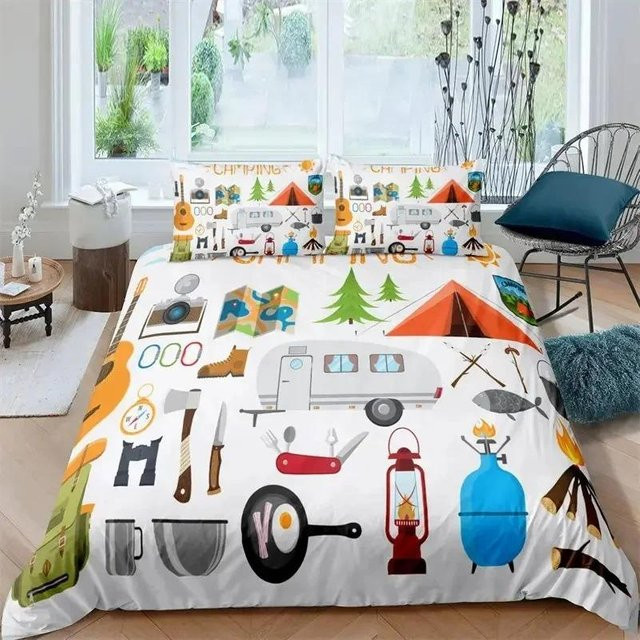 Lodestar Bettwäsche Set Happy Camping mit Cartoon Caravan Design in Weiß, B/H: 135 x 200 cm - Bild 1
