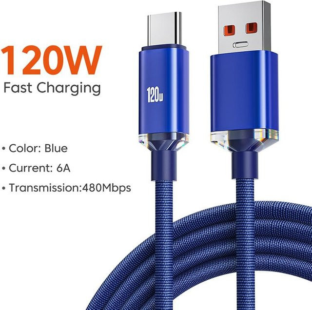 L.RIDING PULO USB Typ C Schnellladekabel mit 120W und 6A, USB-A auf USB-C Datenkabel in Blau, Länge: 1,5 m - Bild 1