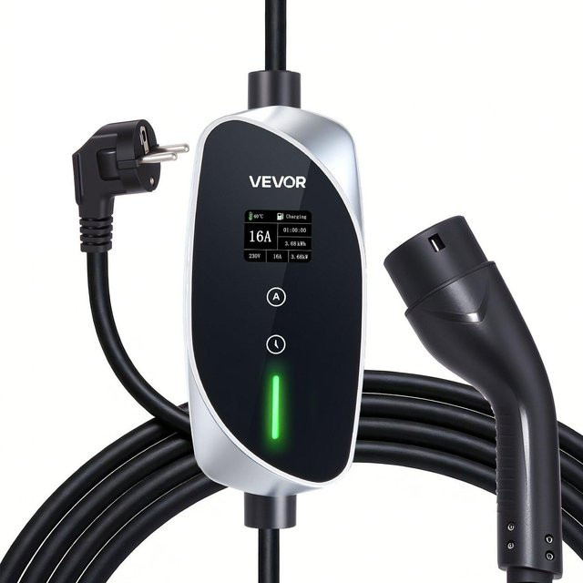 Mobile Wallbox von Buying Solutions MB, Tragbares Typ 2 Elektroauto-Ladegerät mit 6 m Ladekabel, 3,6 kW 16A, Einphasiges Autoladegerät mit Schuko16A Stecker und LCD-Display, Schwarz - Bild 1
