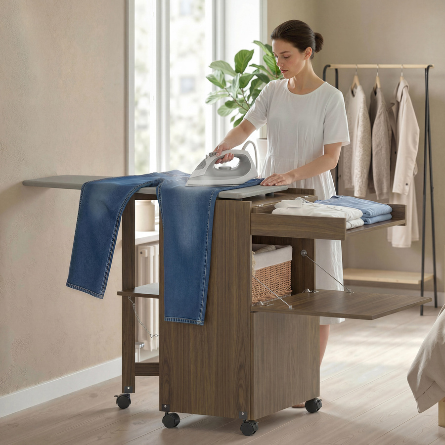 HOMCOM Klappbarer Bügelschrank mit Rollen und Bügeleisenhalter in Braun, Multifunktionales Bügelmöbel mit Ablagen und offener Kleiderstange, H x B x T: 87 x 154 x 55 cm - Bild 2