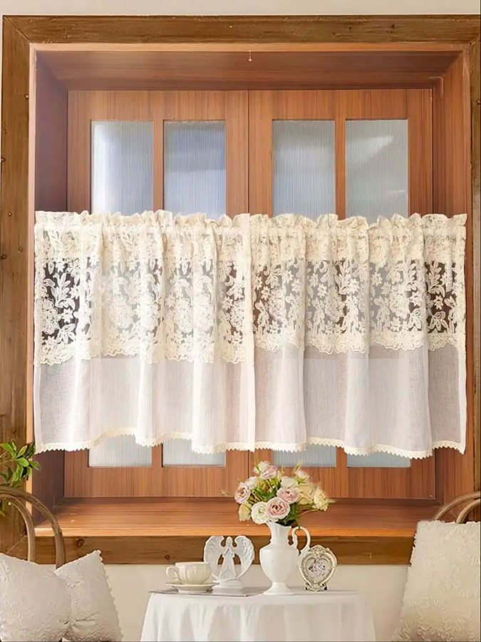 Tiyana Vorhang mit floraler Spitzenstickerei und Blumenmuster in Weiß oder Beige, transparenter Volant im Vintage-Stil, Breite: 100 cm, Höhe: 100 cm - Bild 3