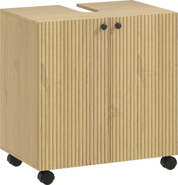 HOMCOM Waschbeckenunterschrank mit Rollen und Soft-Close Türen, Badezimmerschrank mit höhenverstellbarer Ablage, Naturholz, B: 60 cm, T: 39,8 cm, H: 62 cm - Bild 1
