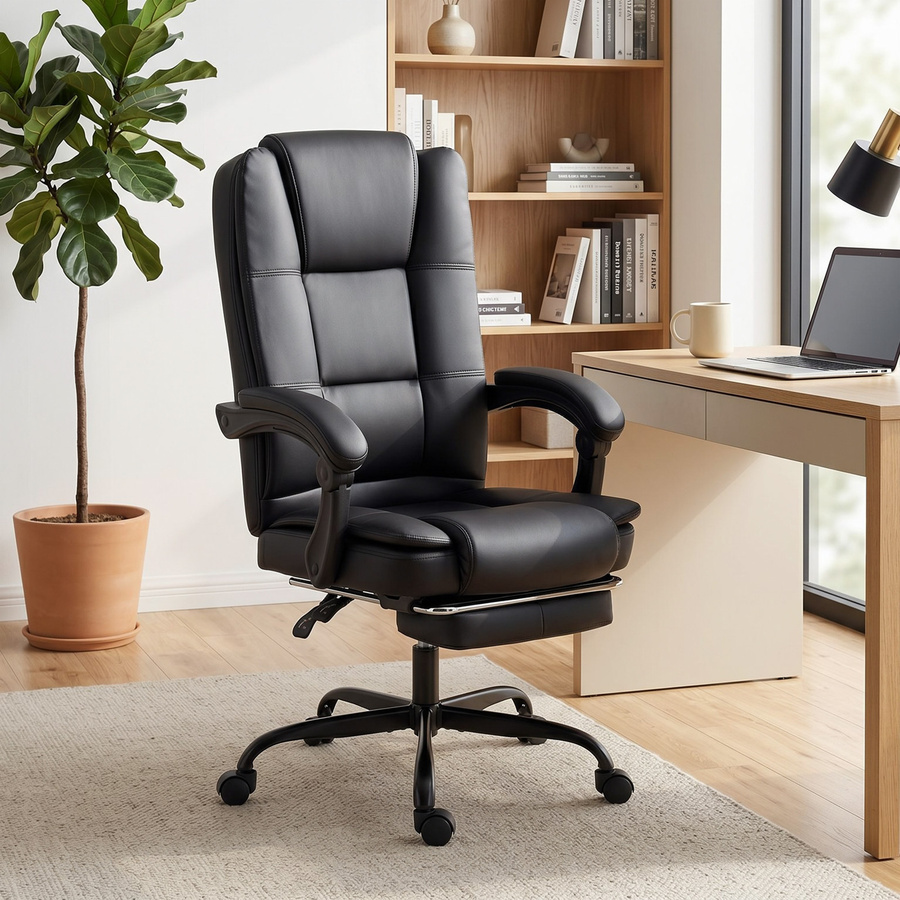 HOMCOM Präsidenten-Bürostuhl Ergonomisch in Schwarz aus PU-Leder mit Fußstütze, 150 Grad Neigbar, Höhenverstellbar und Drehbar mit Gepolsterten Armlehnen - Bild 1