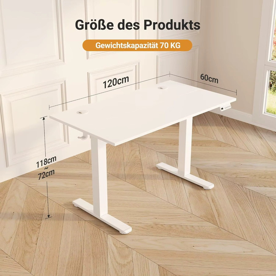 Claiks Elektrischer Höhenverstellbarer Schreibtisch mit Memory-Funktion und 2 Haken, Weiß, B: 120 cm - Bild 2