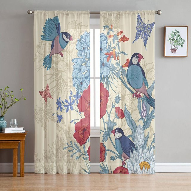 Transparentes Tüllvorhang mit Vintage Blumen und Vögeln, Chiffon Voile Fenstervorhang für Wohnzimmer und Schlafzimmer, B: 100 cm, H: 250 cm - Bild 1