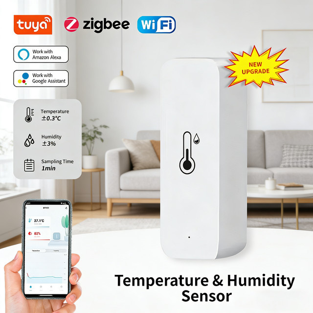 Tuya Smart Home Temperatur- und Feuchtigkeitssensor mit WLAN und Zigbee, weißes Hygrometer und Thermometer mit Echtzeit-App-Überwachung, kompatibel mit Google Home - Bild 1