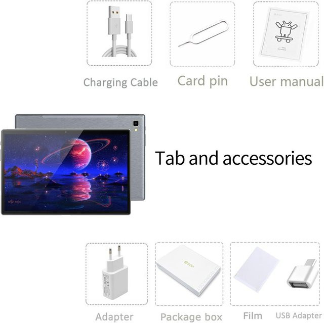 BDF Tablet PC 10,1 Zoll Android Octa Core mit 6 GB RAM und 128 GB ROM, Grau - Bild 1