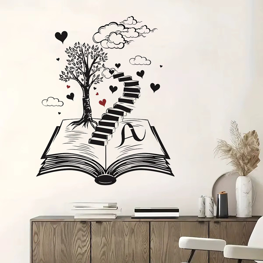 Kreativer Wandaufkleber Buchwelt mit Herz und Baum in Schwarz für dein Wohnzimmer oder Büro - Bild 2