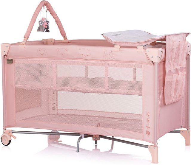 Chipolino Reisebett Luna mit 2 Ebenen, Wickelauflage, Spielbogen und Faltmatratze in Pink - Bild 1