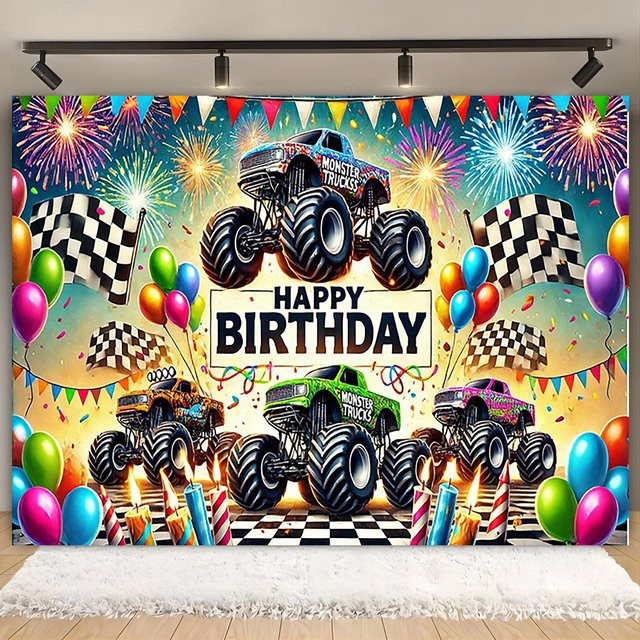 Monster Truck Party Banner aus Polyester in Mehrfarbig für Geburtstage und Festivals, Rechteckig, Breite: 150 cm, Höhe: 100 cm - Bild 1