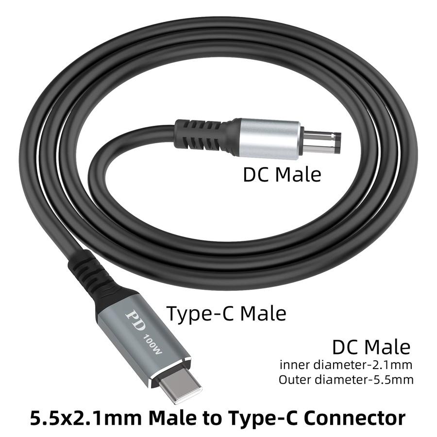 USB C auf DC 5,5 x 2,1 mm Netzladekabel für Laptop, 20 V, bis zu 100 W, Schwarz - Bild 2