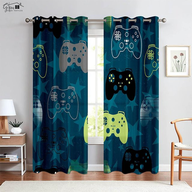 Yiran Furniture Gamecontroller-Druckvorhänge in Blau, 2er-Set mit Ösen, semi-transparent, Breite: 50 cm, Höhe: 160 cm - Bild 1