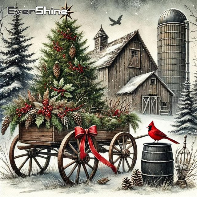EverShine DIY Diamantstickerei Set Landschaft mit Weihnachtsbaum als Mosaik-Malerei in Multicolour, Rund - Bild 1