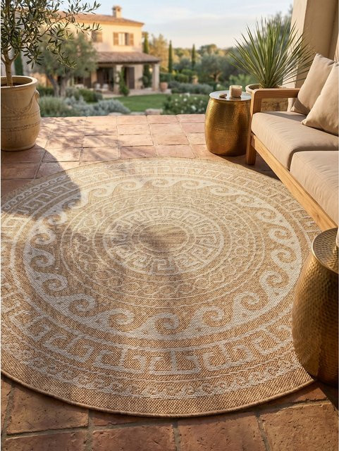 Runder Outdoor-Teppich Kadima Design in Beige im Vintage-Stil aus Polypropylen, Durchmesser: 120 cm - Bild 1