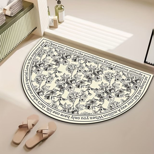 VIKAMA Badezimmerteppich in halbrunder Form mit floralem Design, weiß, rutschfest und waschbar - Bild 1