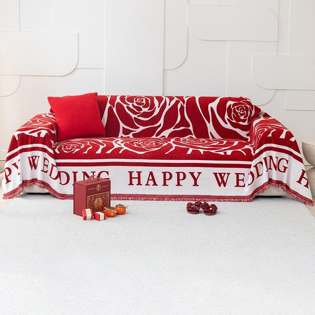 Rote Chenille-Sofadecke mit Rosenbouquet im orientalischen Stil, B/H: 180 x 130 cm - Bild 1