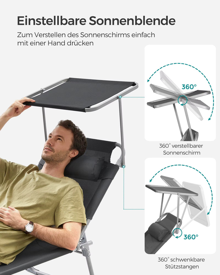 SONGMICS Gartenliege Set aus 2 Stück, klappbare Liegestühle in Schwarz mit verstellbarer Kopfstütze und Seitentasche - Bild 2
