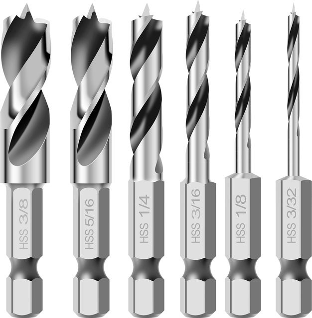 6er Set Brad-Punkt-Holzbohrer aus High Speed Stahl mit 1/4 Zoll Hex-Schaft in Silber - Bild 1