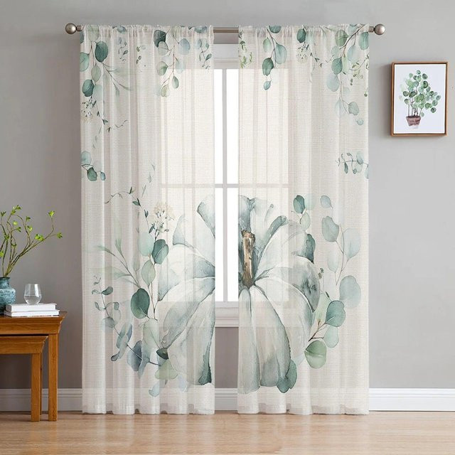 A Family Of Home Textiles Transparent Sheer Vorhang mit Eukalyptus und blauem Kürbis Design, B: 135 cm, H: 114 cm - Bild 1