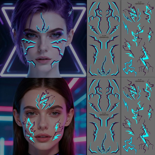 4 Blätter Temporäre Tattoos, Kpop-Stil, Dunkles Gothic-Motiv, Blau - Bild 1