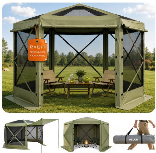 VEVOR Pop-up Gazebo Partyzelt mit Insektenschutz, 6-seitiges Campingzelt mit abnehmbarem Dach und Tragetasche, Grün, B/T: 360 x 360 cm - Bild 1