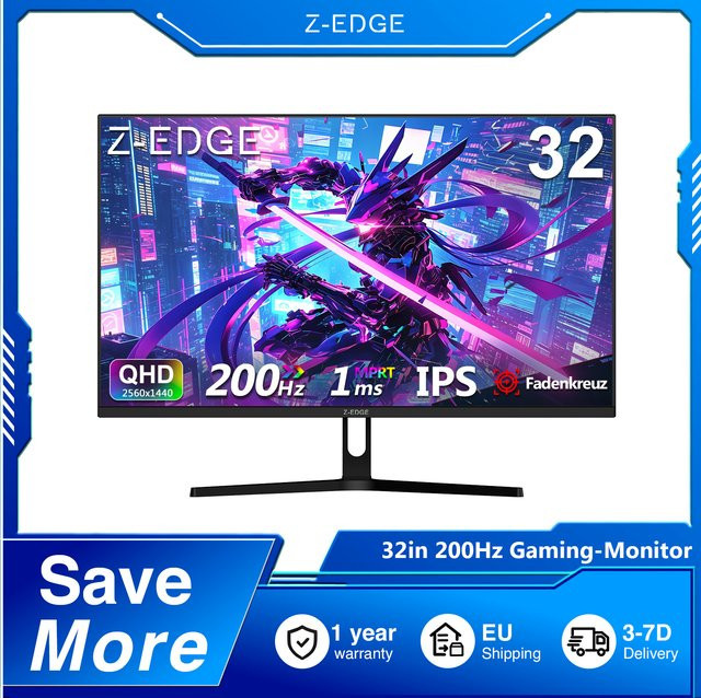 Z-EDGE 32 Zoll Gaming-Monitor mit 200Hz, 2K QHD Auflösung, IPS-Panel, 1ms MPRT, HDR10 und Freesync in Schwarz - Bild 1
