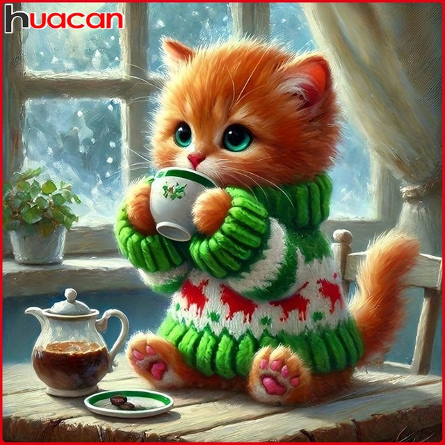 Huacan Diamantgemälde Katze im Winter als Diamantmosaik Set, Mehrfarbig, B/H: 20 x 20 cm - Bild 1