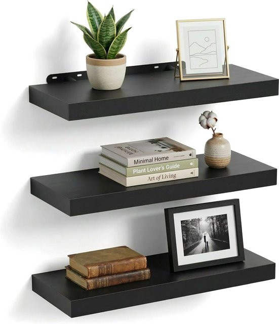 Relaxdays Wandregal 3er Set aus MDF und Eisen in Schwarz matt, B/T/H: 60 x 23 x 4 cm - Bild 1