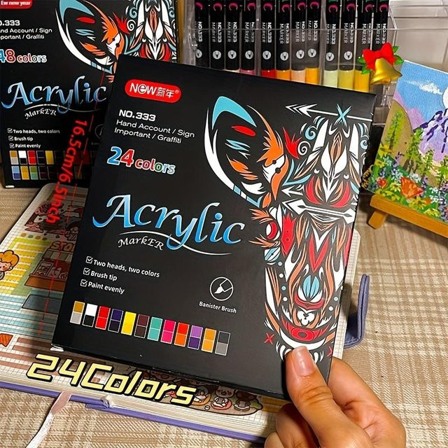 SZwatch Acrylmarker Set mit 24 Farben und Doppelkopf, Zweifarbige Aquarellstifte mit weicher Spitze für Kunsthandwerk auf Papier, Stein, Glas, Holz und Leinwand, 12 Stück in Weiß - Bild 1
