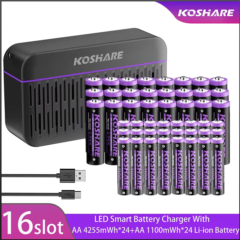 KOSHARE Smart Li-Ionen-Akkuladegerät mit 16 Steckplätzen und LED-Anzeige inklusive AA und AAA Lithium-Akkus 1,5V - Bild 3