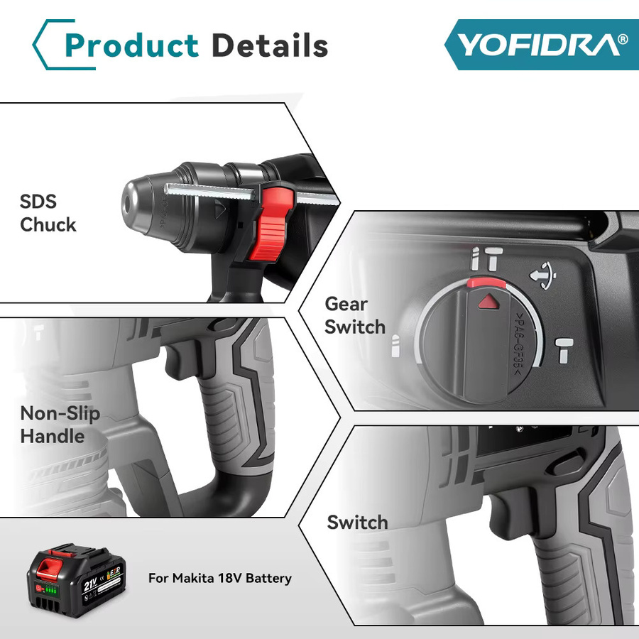 YOFIDRA Bürstenlose elektrische Schlagbohrmaschine Multifunktions Schlaghammer Cordless in Schwarz für Makita LXT Akkus - Bild 5