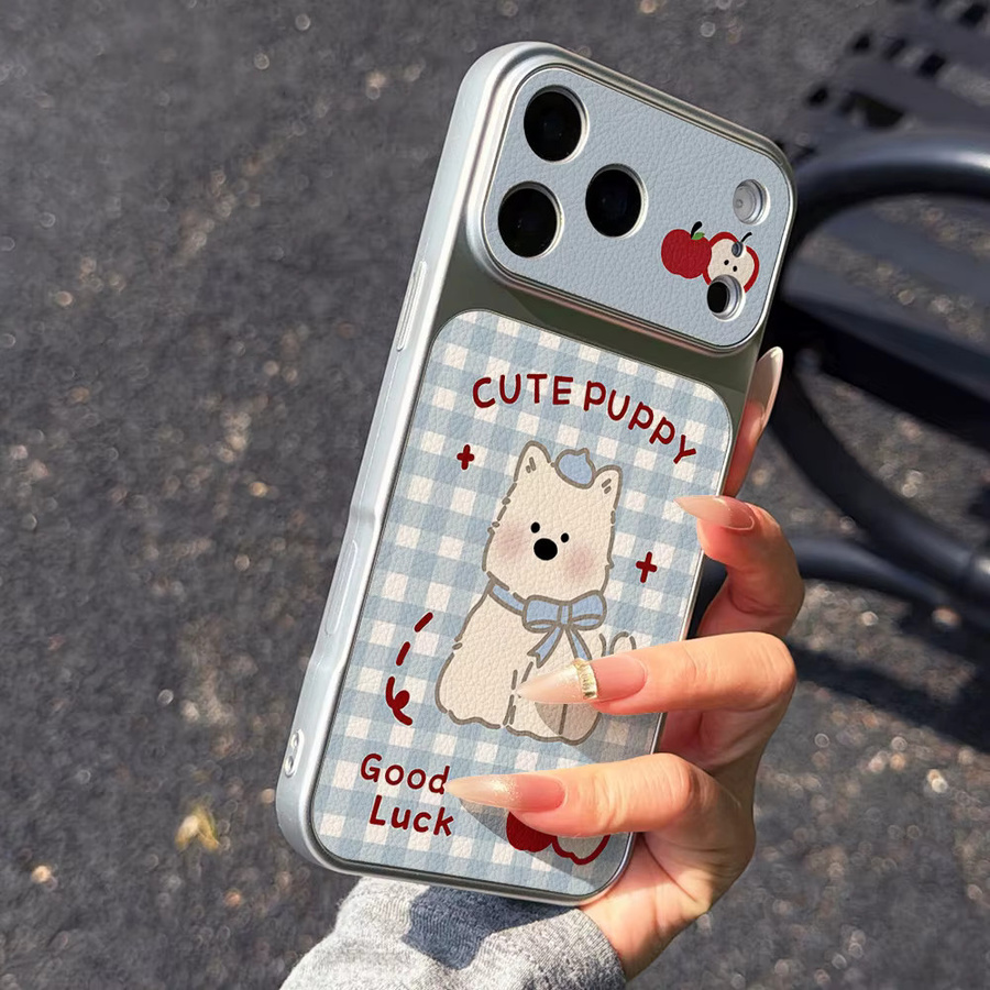 Handyhülle für Apple iPhone 17 16 15 14 13 12 Pro Max mit blau-weiß kariertem Muster und Westie-Welpen Design - Bild 2