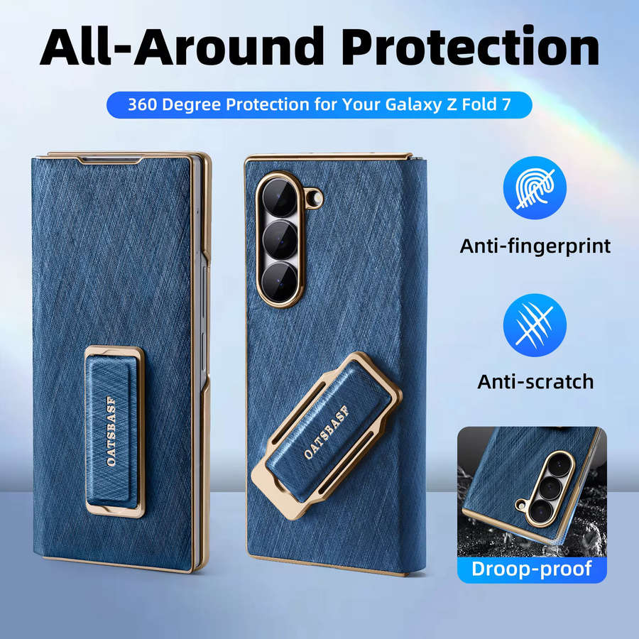 Eary Dual Grip Lederhülle für Samsung Galaxy Z Fold 7 mit Handschlaufe und 360 Grad drehbarem Ständer in Blau oder Silber - Bild 2