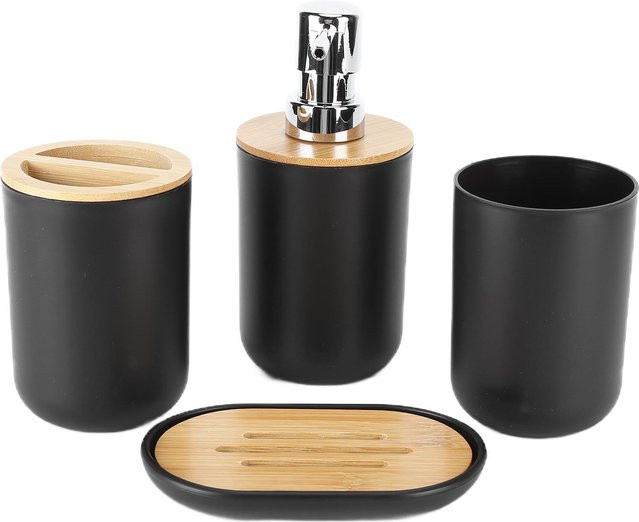 Neoglint 4-teiliges Badezimmer-Zubehör-Set aus Bambus in Schwarz mit Seifenspender, Seifenschale, Zahnbürstenhalter und Zahnputzbecher - Bild 1