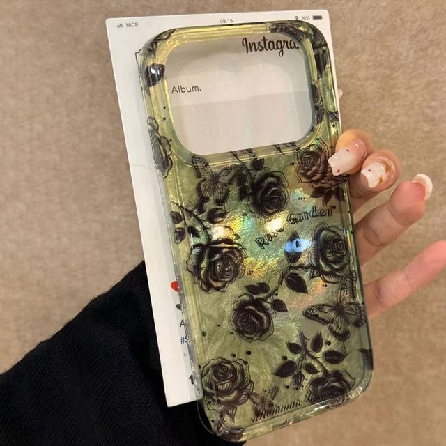 FunYudas Handyhülle Black Line Rose für iPhone 16 15 14 13 12 Pro Max und weitere Modelle, Farbe: Schwarz - Bild 1
