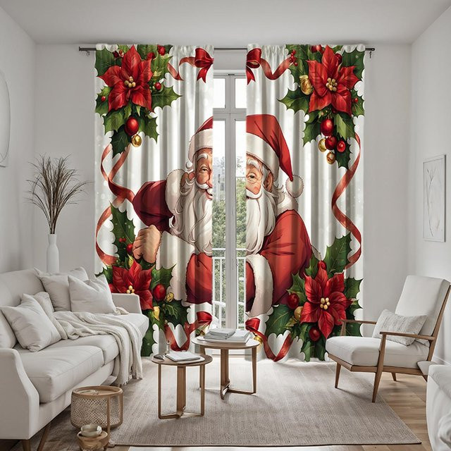 2er-Set Weihnachts Vorhang mit HD-Druck Kränzen und roten Schleifen, Weiß, B: 132 cm, H: 160 cm - Bild 1