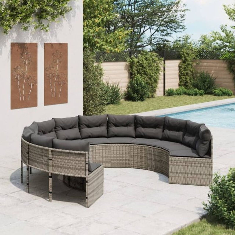 Vidaxl Gartensofa mit Kissen rund aus Polyrattan in Grau - Bild 1