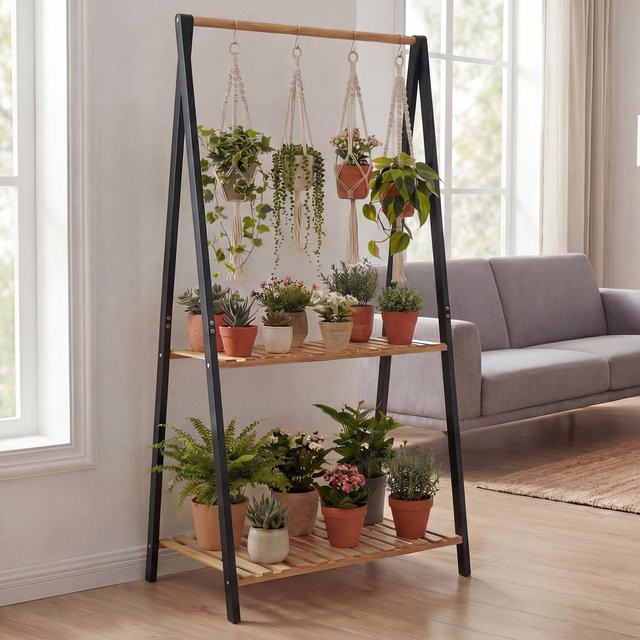 MCW Bambus Pflanzenregal Q32 mit 2 Ablagen und Aufhängungsstange, Badregal in Natur-Schwarz, B/T/H: 130 x 70 x 44 cm - Bild 2