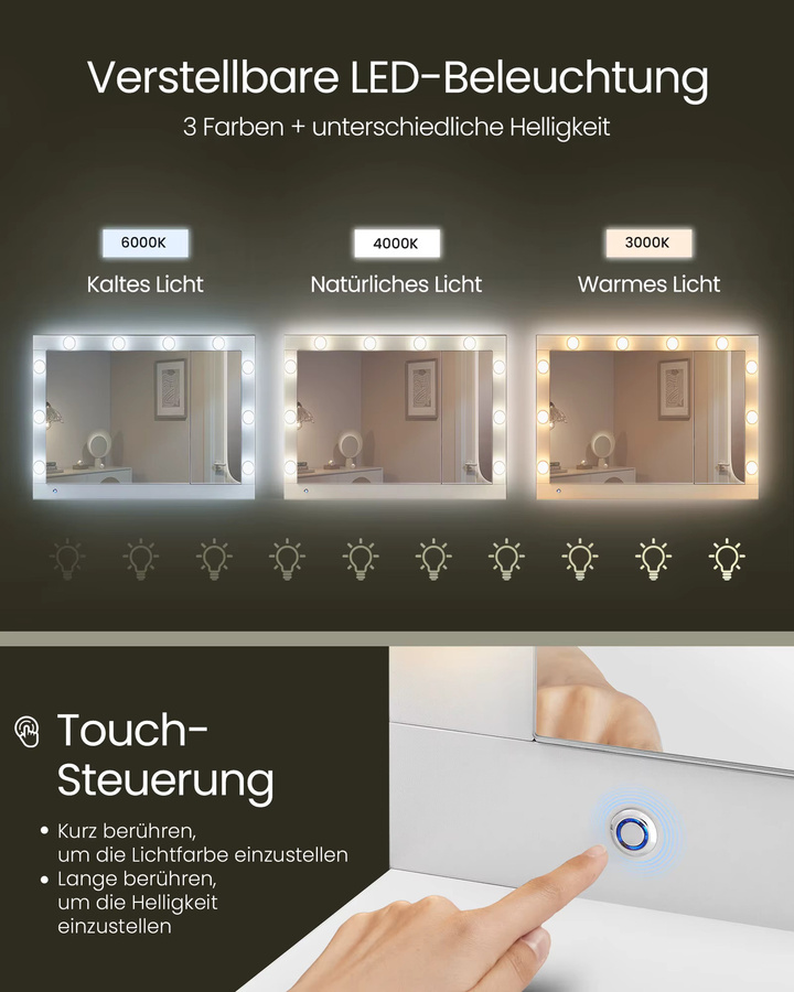 VASAGLE Schminktisch in Weiß mit LED-Beleuchtung, Spiegel und integrierter Steckdosenleiste im modernen Hollywood-Stil - Bild 3