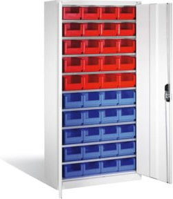 C+P Magazinschrank mit 40 Sichtlagerkästen und Türen in Lichtgrau, H: 198 cm, B: 100 cm, T: 42 cm - Bild 1