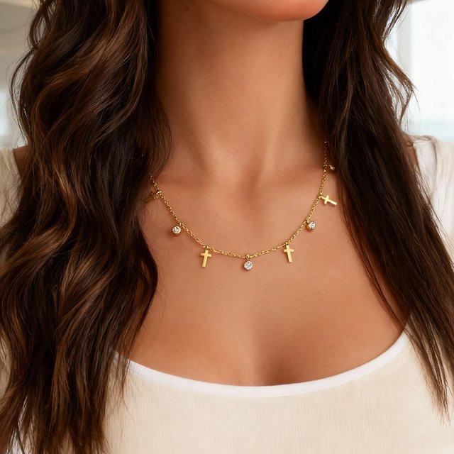 Halskette mit Kreuzanhänger, Edelstahl, Gold, Zirkonia, Unisex - Bild 1