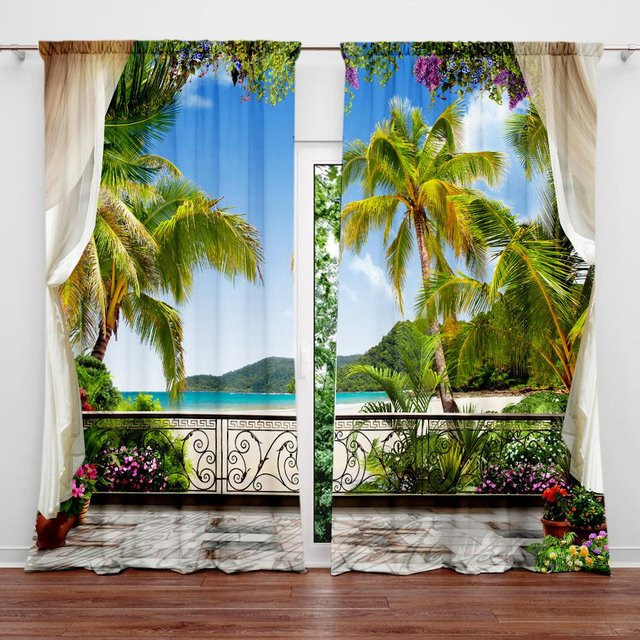 2er-Set Dekorative Vorhänge mit Blauem Himmel und Palmen im 3D-Digitaldruck, halbtransparent, Polyester, Breite: 70 cm, Höhe: 245 cm - Bild 1