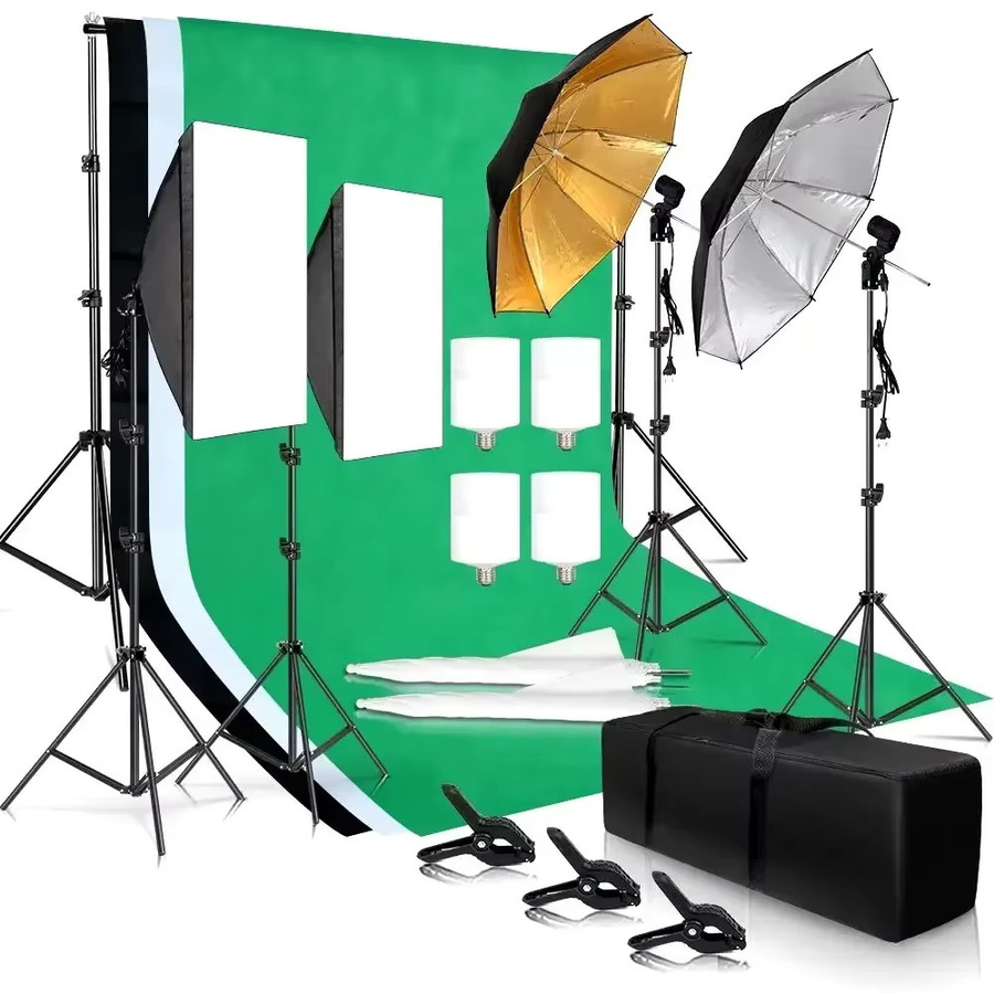 Fotografie-Beleuchtungsset mit Musselin-Hintergrund, Softbox, Regenschirm, Reflektor und Lichtstativ für dein Fotostudio - Bild 1