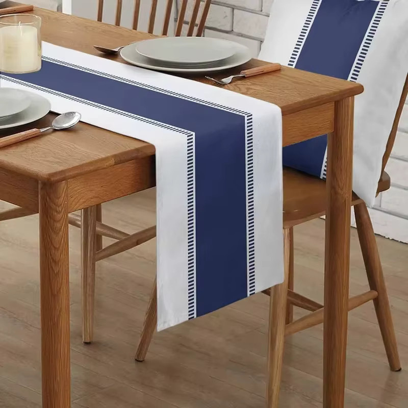 VIKAMA Leinen-Tischläufer gestreift in Marineblau für Landhaus-Küchen und Esstische, B/H: 150 x 33 cm - Bild 2