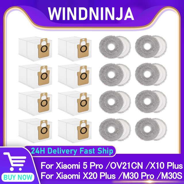 WINDNINJA Einweg-Staubbeutel und Wischtücher in Weiß für Xiaomi 5 Pro OV21CN X10 X20 X20 Plus X20 Max M30 Pro M30S Roboterstaubsauger Ersatzteile - Bild 1