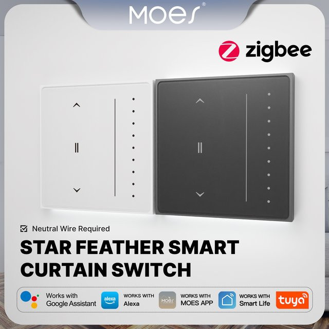 MOES Tuya Star Feather Series Zigbee Smart Vorhangschalter mit Blendschutz-Touchpanel und fließender Hintergrundbeleuchtung in Weiß, kompatibel mit Alexa und Google Home - Bild 1