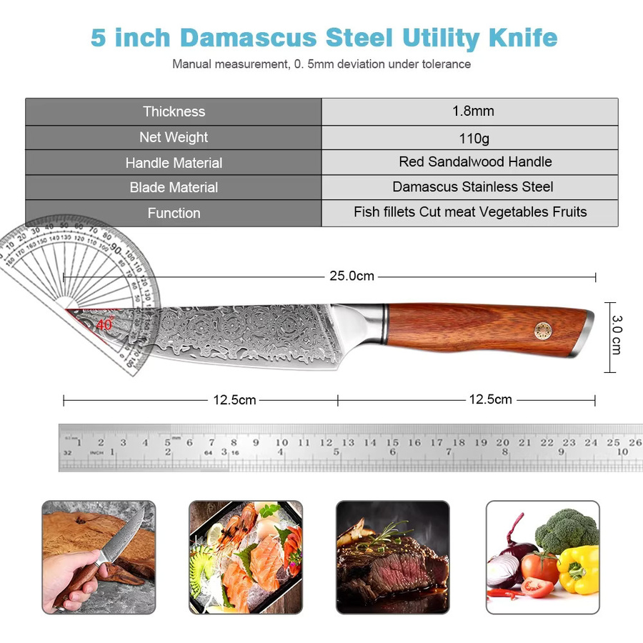 Xituo Damaskus Allzweckmesser mit Palisandergriff aus japanischem Damaststahl, 5 Zoll (12,7 cm) - Bild 2