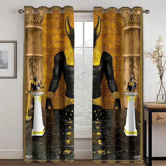 Vintage Vorhänge mit Altes Ägypten Design, semi-transparent, Gold, B: 55 cm, H: 120 cm - Bild 1
