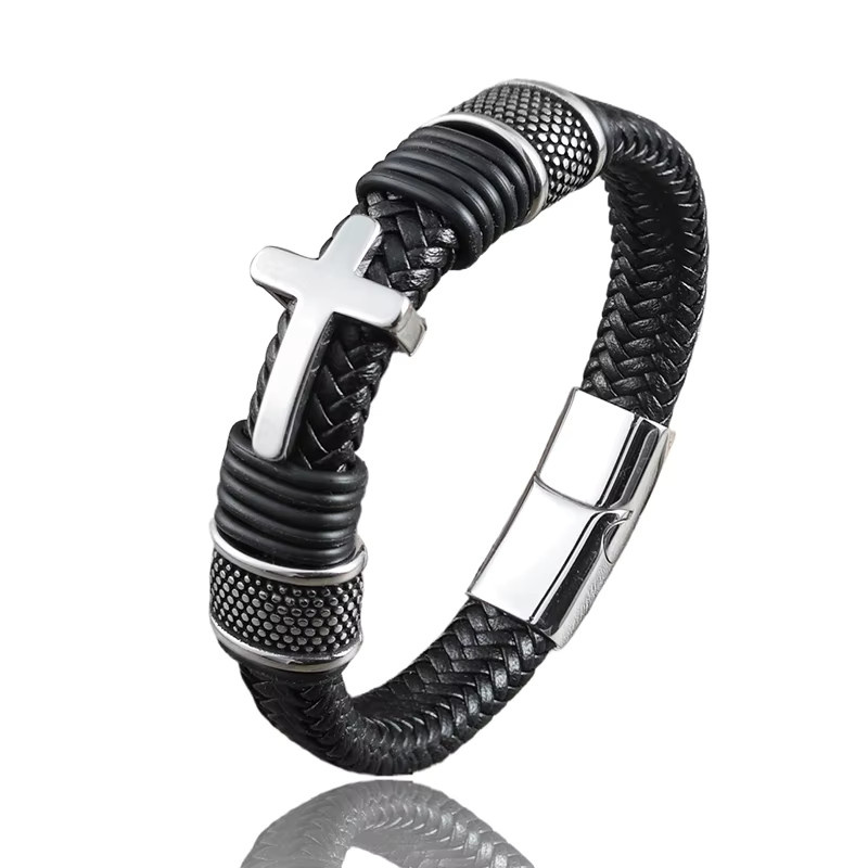 jiangmingao Armband, Leder, Schwarz, Kreuzdesign, Herren - Bild 3