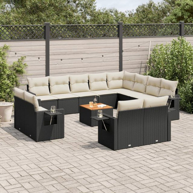 Vidaxl Gartenmöbel-Set aus Polyrattan und Akazie mit Kissen, 13-teilig, Schwarz - Bild 1